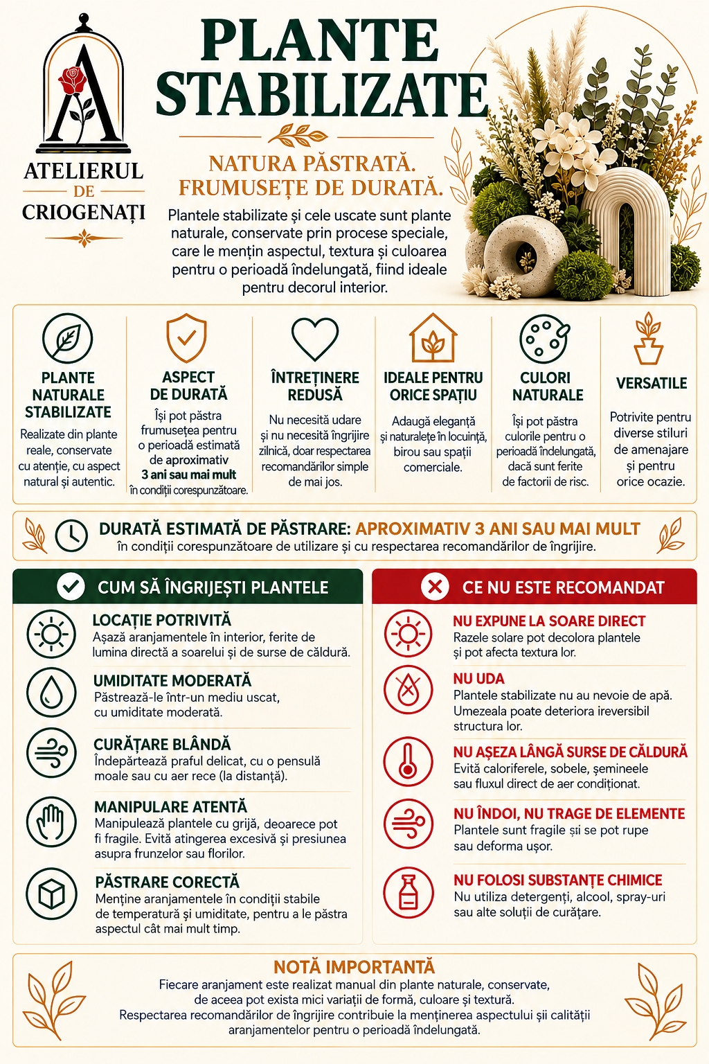 Sylva Vaza Decorativa 3D cu Licheni + Buchet Plante Uscate & Stabilizate